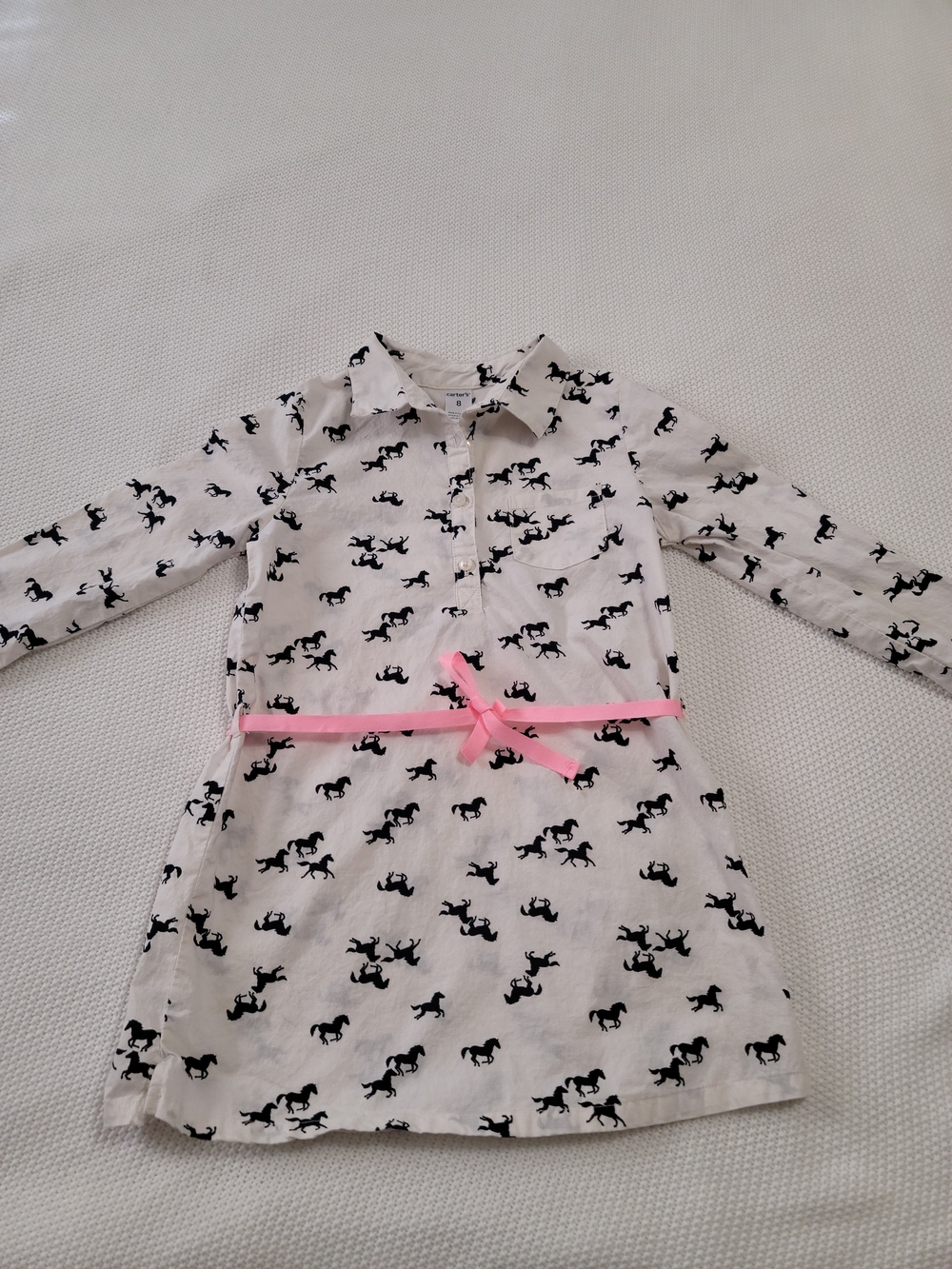 Carter's White Dress with Black Horse Print and Pink Ribbon